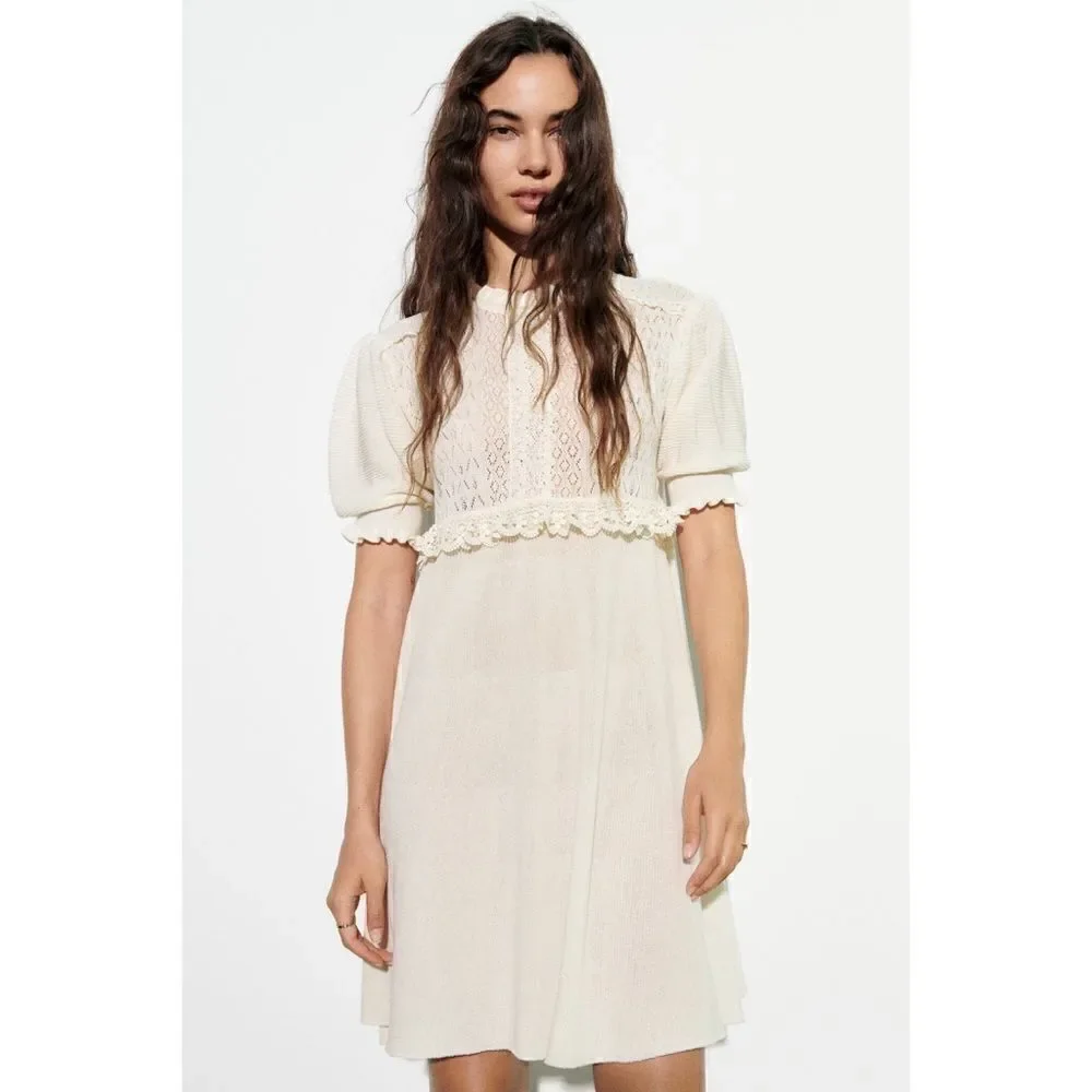 NWT Zara Mixed Pointelle Contrast Lace Detail Knit Mini Dress in Ecru, Medium